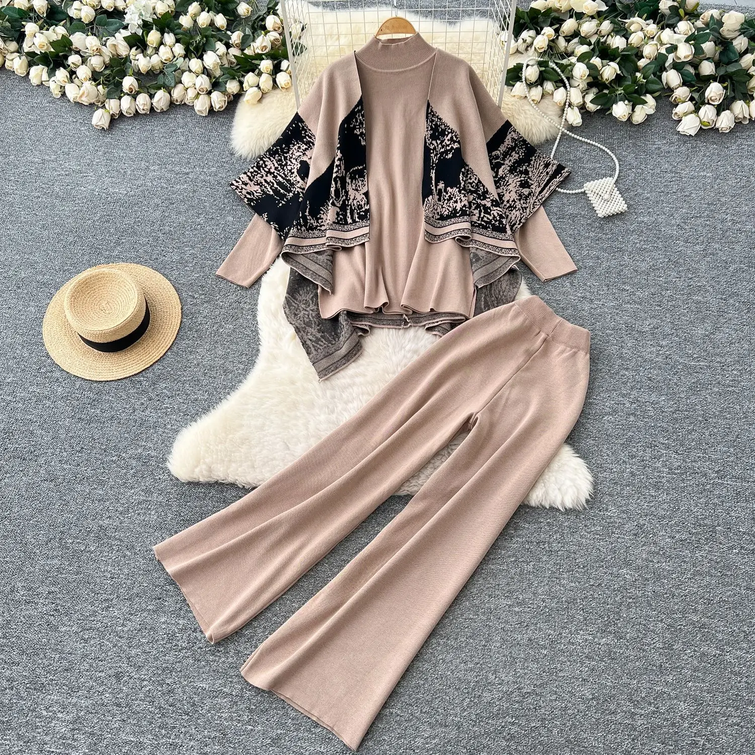 

Pant Set Women Three Piece Sets Matching Sets Sweaters Tops Shawl Coats Wide Leg Long Pants High Waist Y2k Streetwear Work