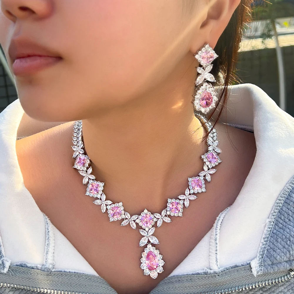 CWWZircons Luxury Super Gorgeous Leaf Drop Pink Cubic Zirconia Wedding Bridal Necklace Earrings Top Jewelry Sets for Brides T738