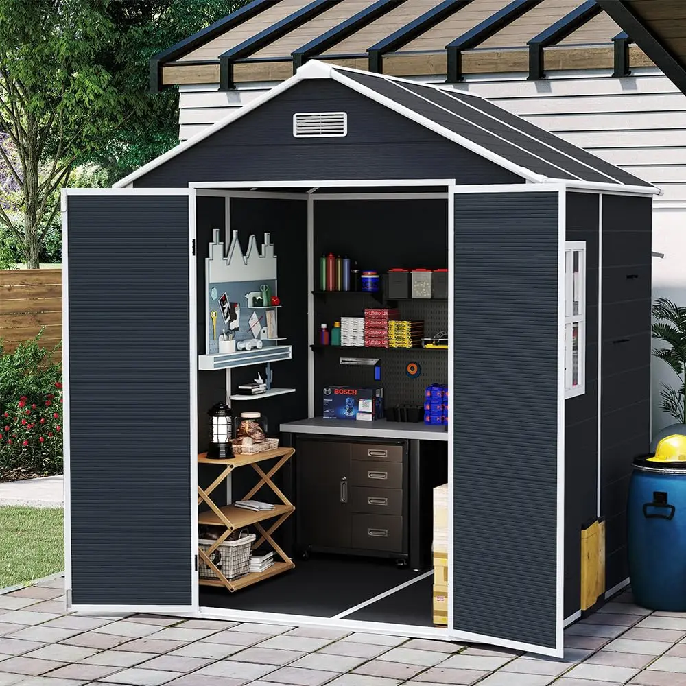 

Сарай для хранения из полимерной смолы 8x4 фута, уличный сарай для инструментов с полом, окном, запирающимися дверями и вентиляционными отверстиями, 12 мм толстая полипропиленовая плита, на заказ