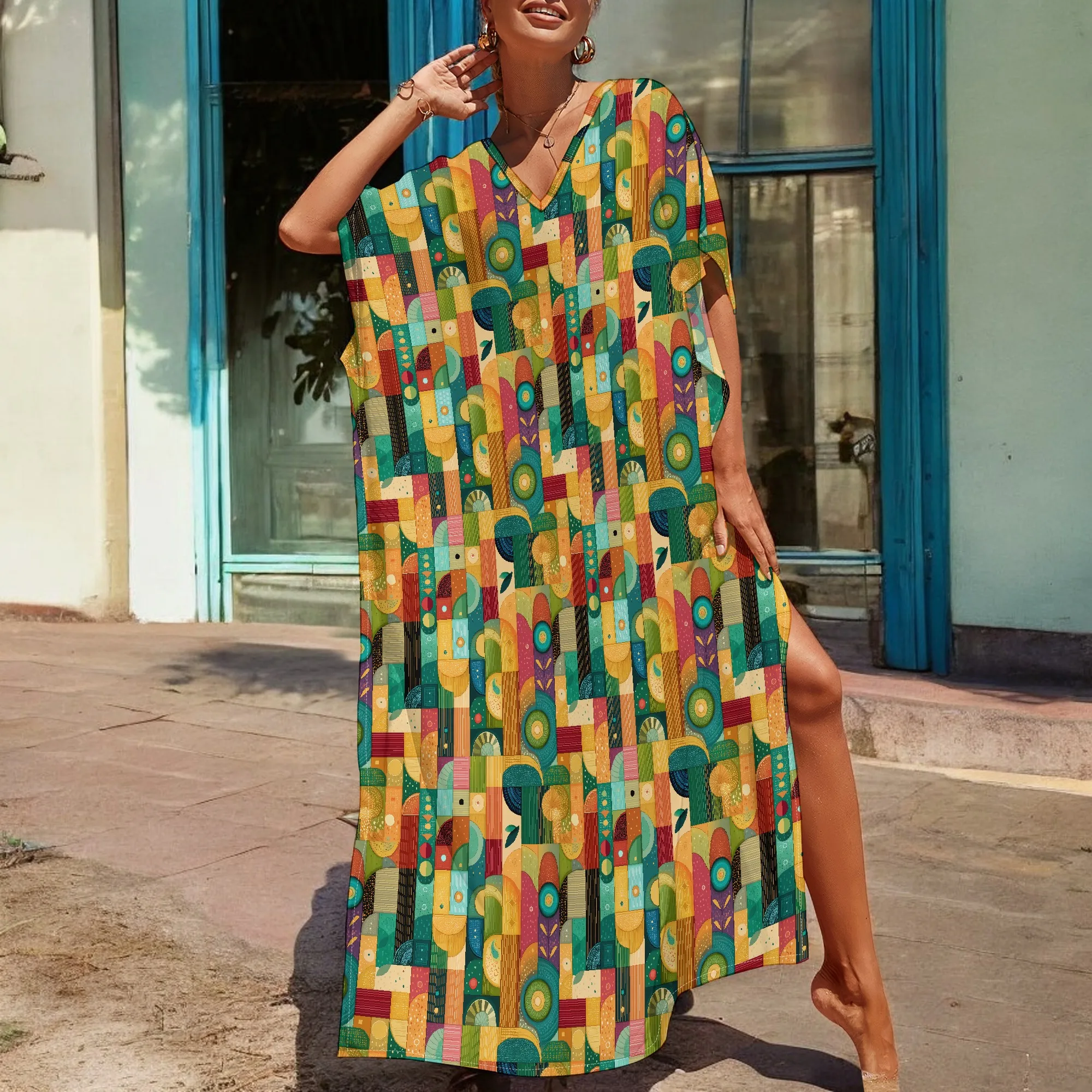 

African Patchwork Print Kaftan Dress S-3XL Afro Style Bold Color V-Neck Gown for Juneteenth or Cultural Festival