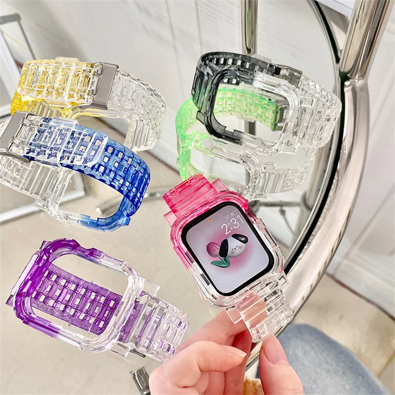 Clear Color Matching Band+Case For Apple Watch Series 8 7 6 SE 5 45mm 44 42 41 Transparent For IWatch 3 38mm 40mm Plastic Strap