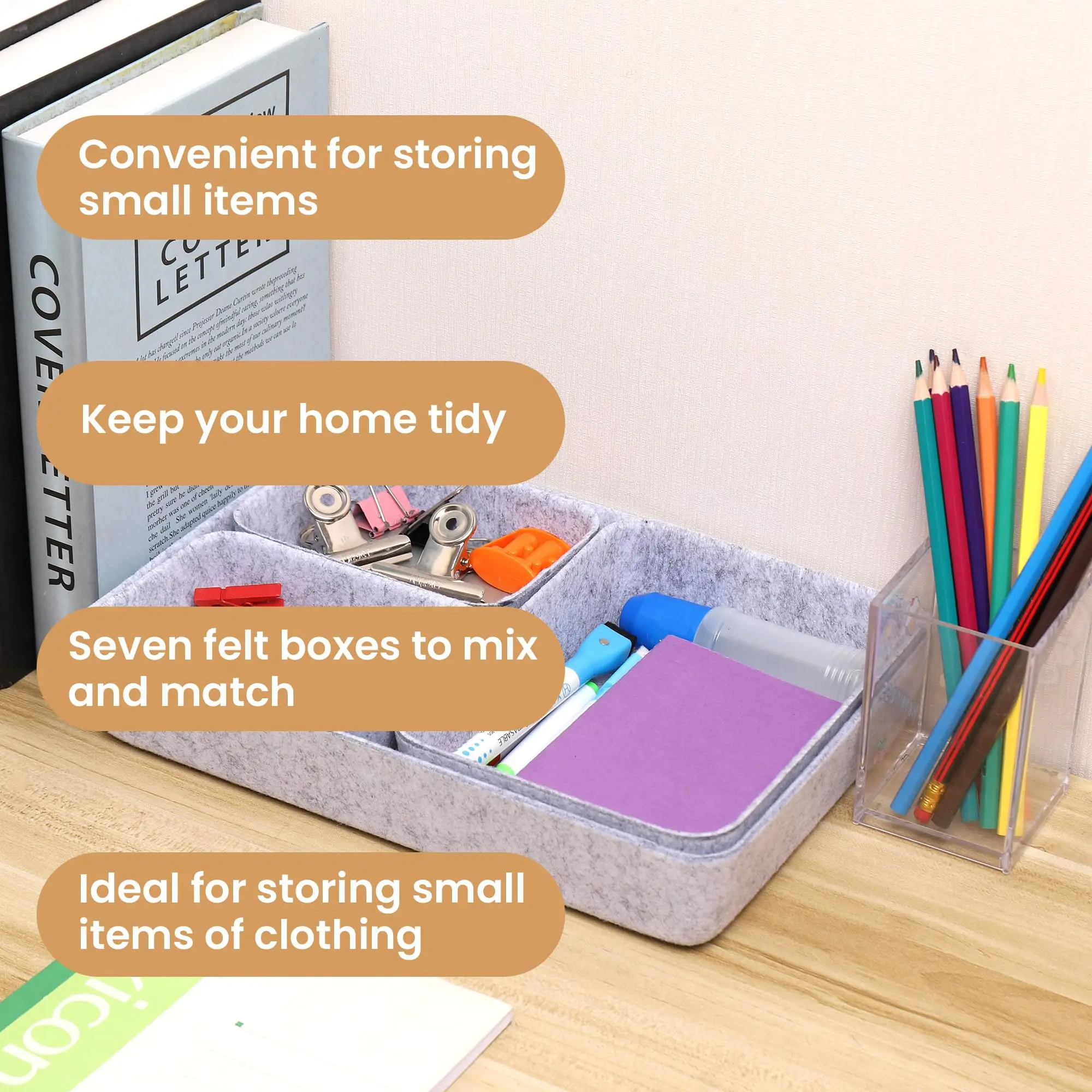 مجموعة من 7 منظم أدراج اللباد، نظام تنظيم الأدراج، صندوق تخزين اللباد، صندوق اللباد المرن لغرفة النوم، المكتب، طاولة التغيير #4