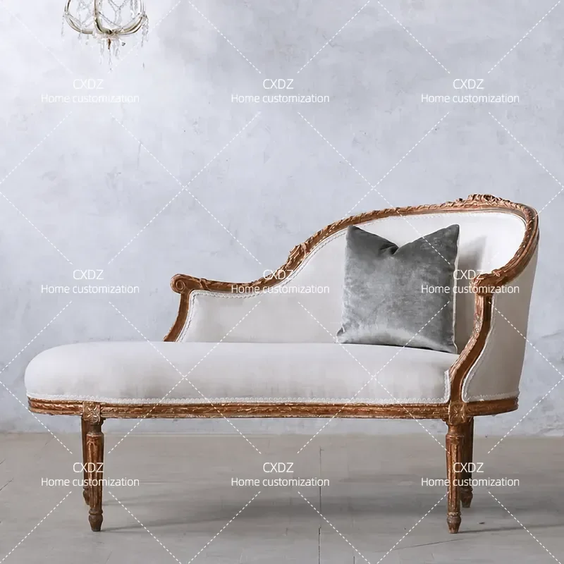 Retro Solid Wood Carved Flower Bed Wedding Room Master Bedroom Chair High End Studio Beauty Couch Small Household