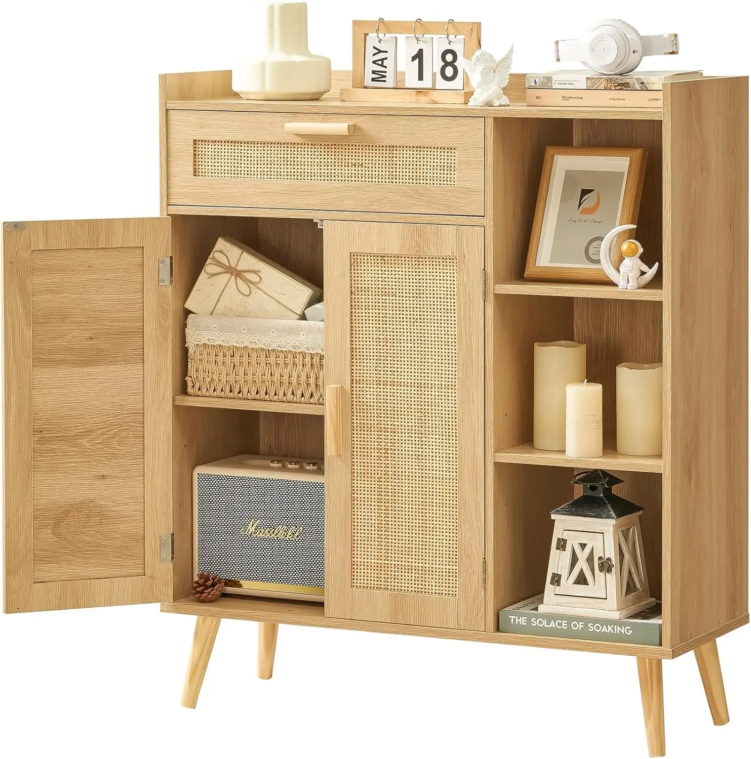 Storage Cabinet with Rattan Doors, Rattan Sideboard Cabinet with 1 Large Drawer, 2 Doors & 3 Shelves, Freestanding