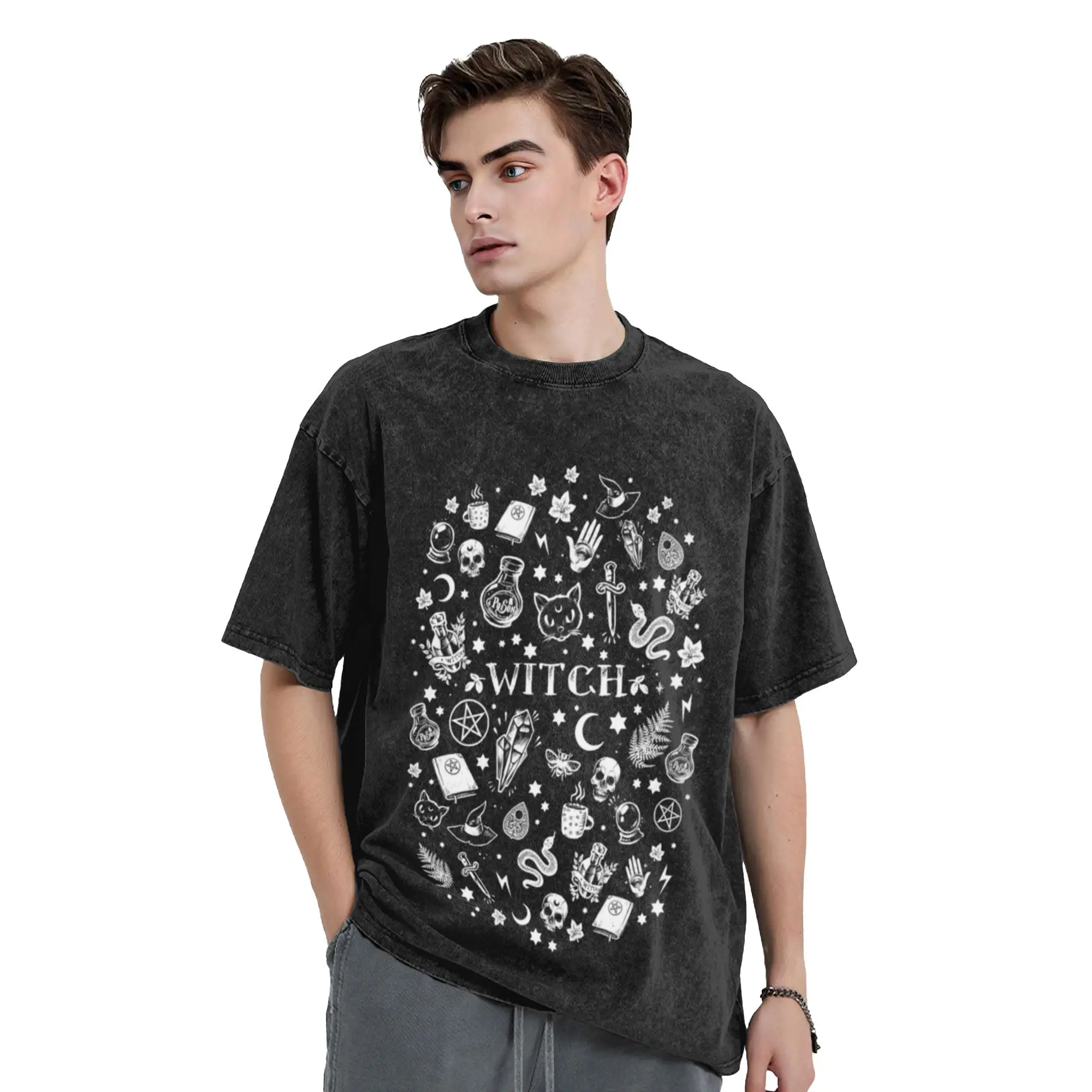 WITCH PATTERN 2  Unique Chic A Washed T Shirt Men's Women's Oversized Cotton Tees Tops