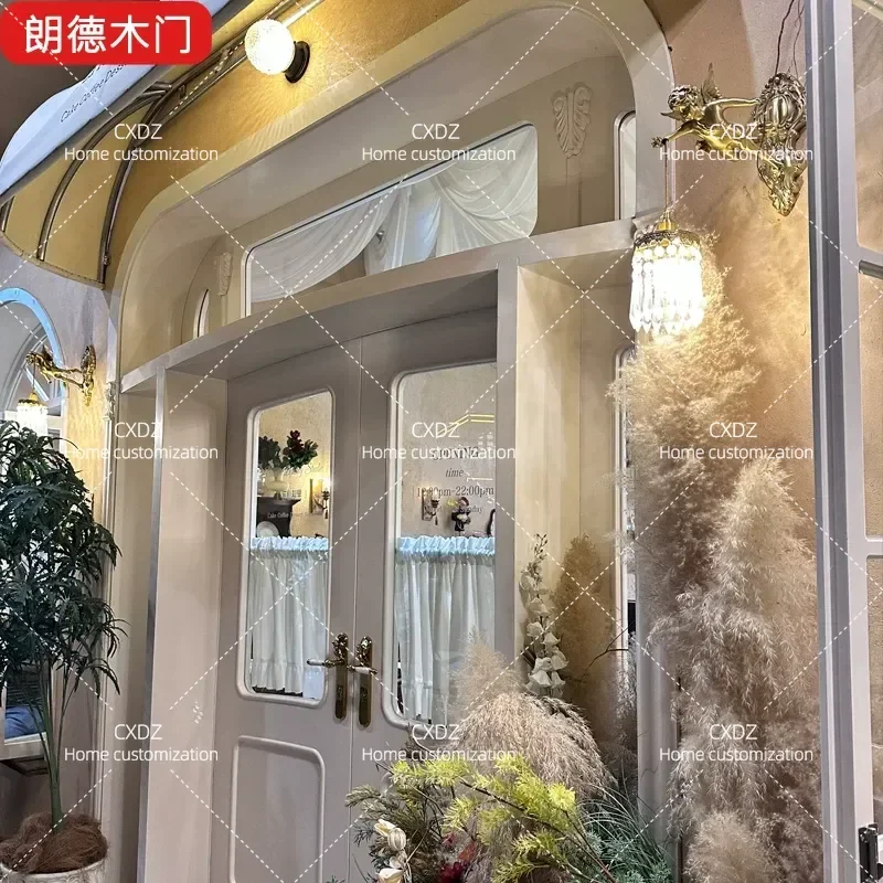 Solid Wood Multi-layer Composite Four-panel Folding Door Waterproof Wooden Door with Upper Glass Window for Shop Entrance
