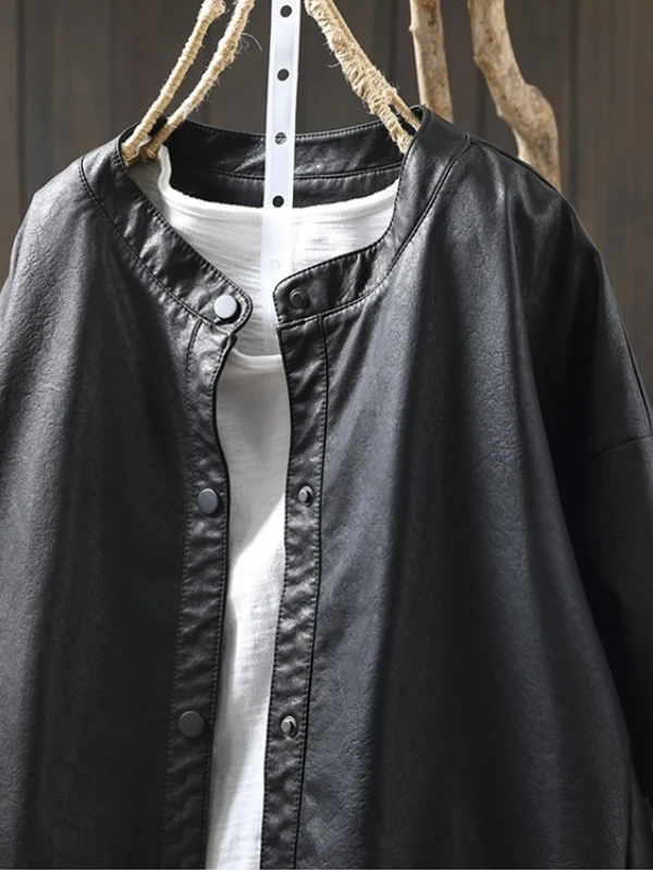 Bla PU Leather Biker Jaet Loose Fit Women's plus Size Autumn New Sle Korean Faion High-End Feelings Coat for Ladies