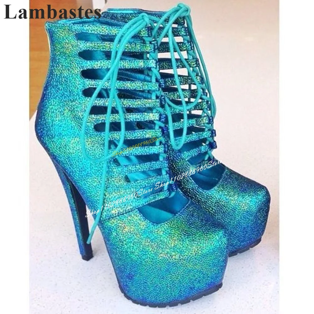 Stylish Cross Tied Peacock Blue Platform Pumps Thin High Heel Women Shoes Back Zipper Pointed Toe 2024 Sexy Zapatos Para Mujere