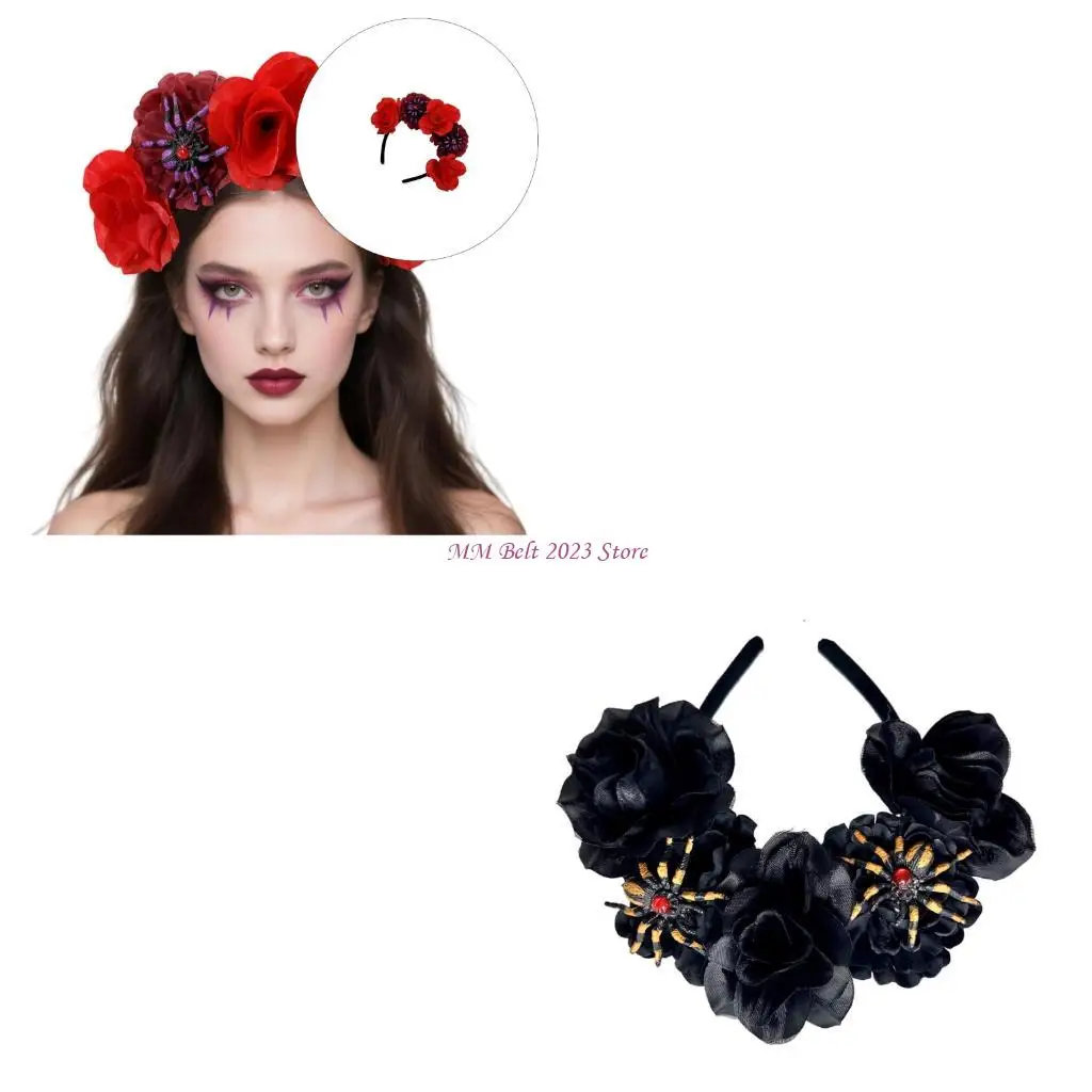 

49ME Череп Паук Цветочный головной убор Вечеринка Хэллоуин Невеста Головной убор Паук Невеста обруч для волос для живого шоу