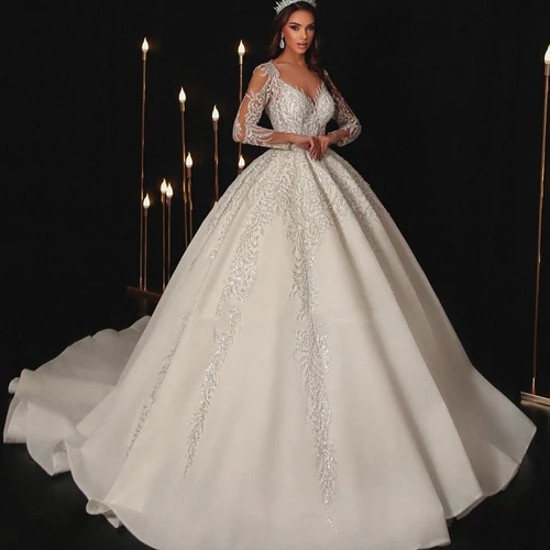 Vestidos De Novia modernos Una línea Vestidos De Novia Apliques De encaje Mangas completas Hasta el suelo Vestidos encantadores De Novia personalizados