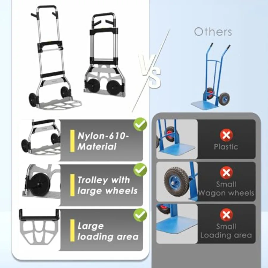 عربة دوللي يدوية قابلة للطي بسعة 340 رطل، تصميم ألومنيوم محمول يتميز بمقبض تصغير وعجلة مطاطية مقاس 7 بوصة