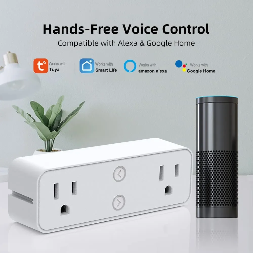 Tuya WiFi Smart Socket US Plug with Splint Power Double Outlet Timing Function Smart Life/Tuya APP Works with Alexa Google Home