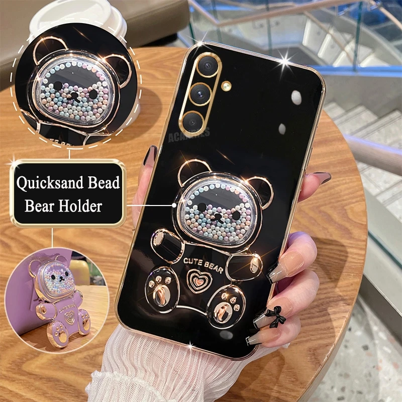 A 15 25 35 55 Cute Plating Quicksand Bear Holder Case For Samsung Galaxy A15 A25 A35 A55 A14 A24 A34 A54 5g Silicone Stand Cover