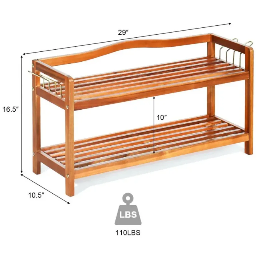 2-Tier 3-Tier 5-Tier Acacia Wood Shoe Rack with Side Metal Hooks