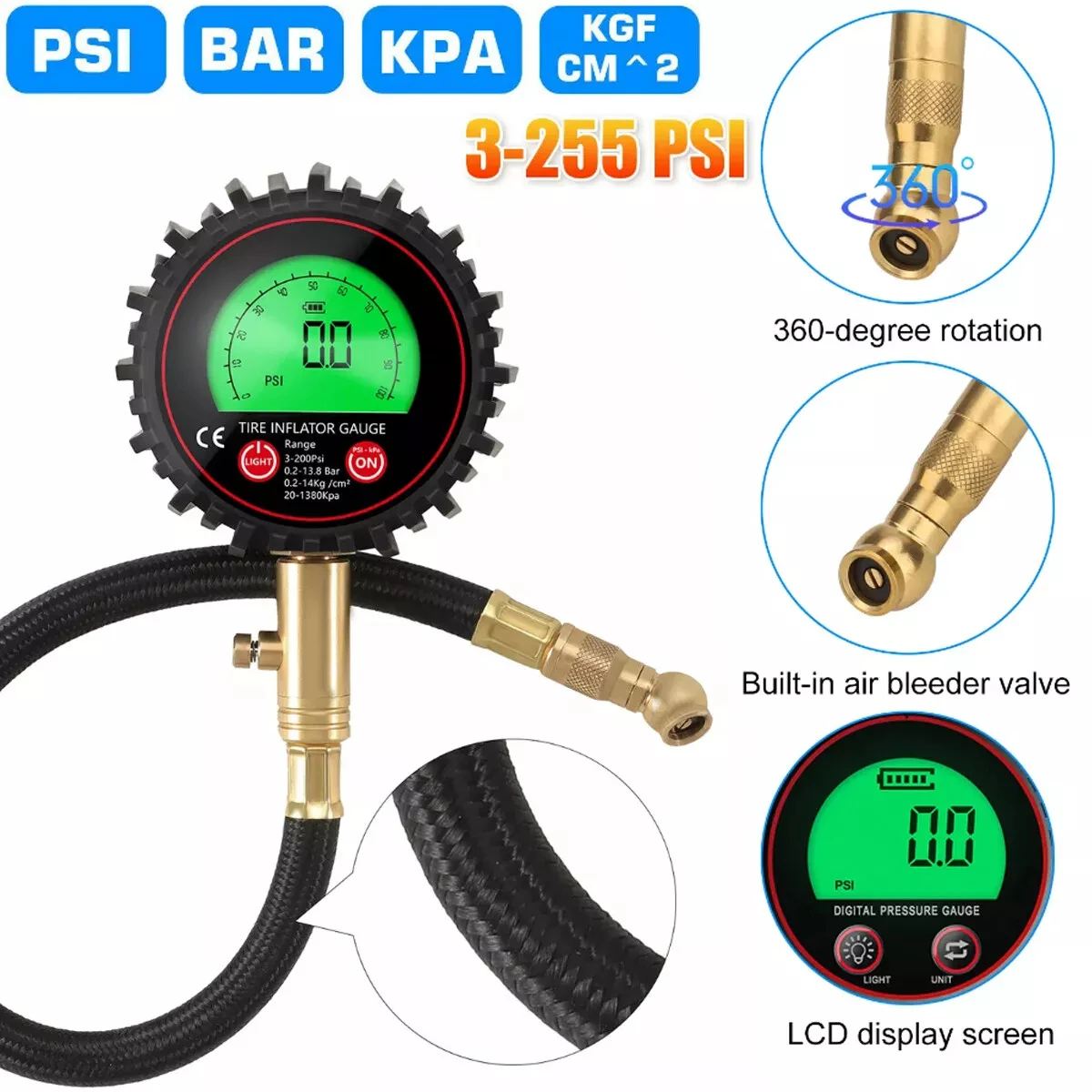 Accurate Digital Air Pressure Tire Gauge 3-255 PSI LCD Screen for Truck Car Bike