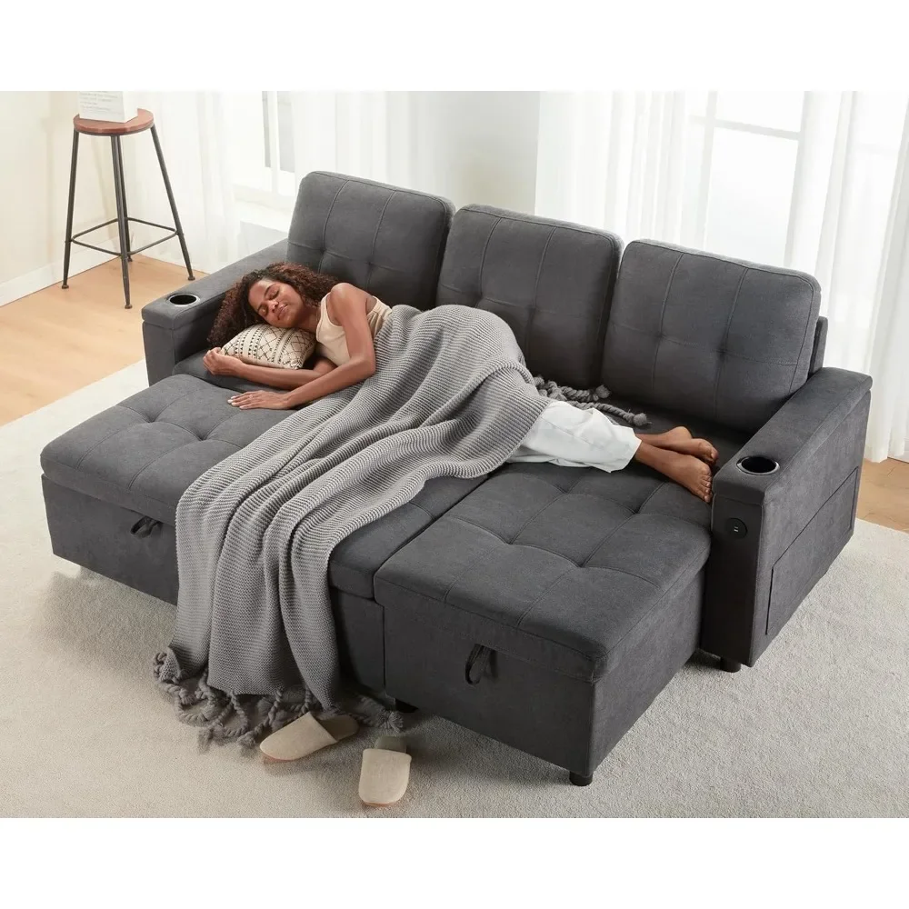 

Sofa Bed, 84-inch, with 2 USB Outlets and Cup Holder, L-Shaped Pull-Out Sofas Bed with Storage Recliner, Sofa Sleeper