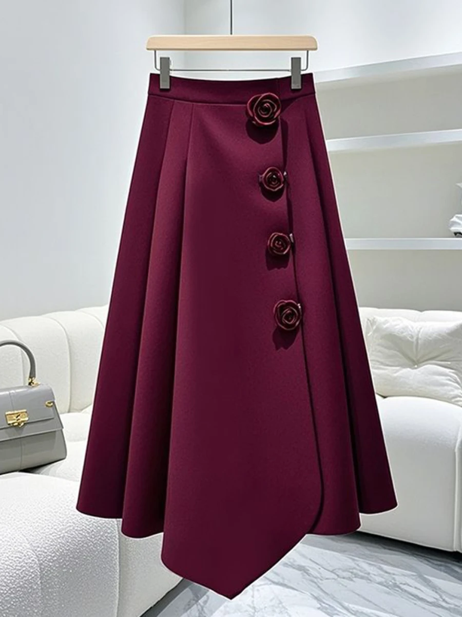 VGH Spliced 3D Rose Elegant Vintage Skirt for Women High Waist Patchwork Irregular Hem Pleated A Line Skirts Female Spring New