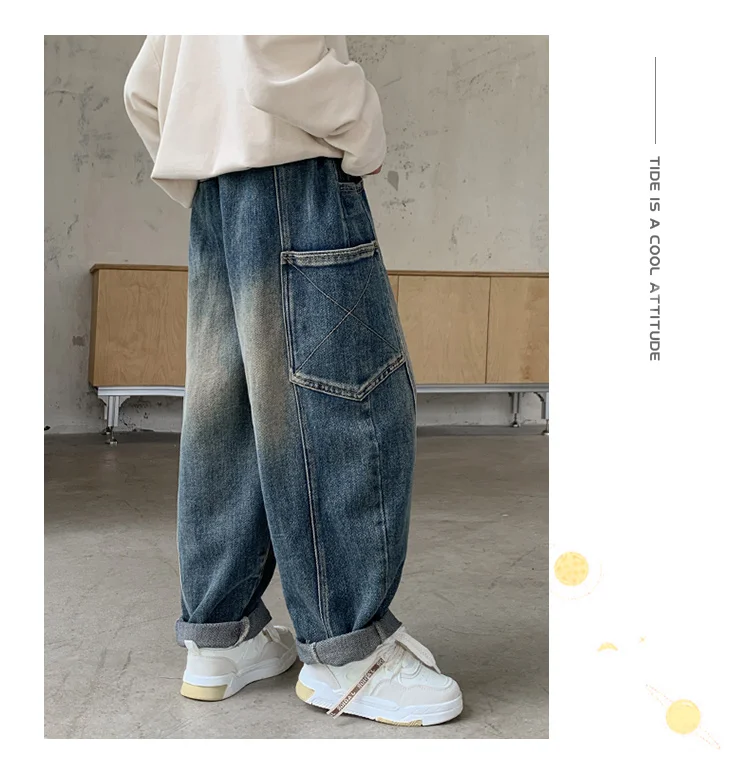 Modische Kinder-Designer-Cargo-Jeans mit Patchwork und Tasche für Schuljungen, hochwertige Denim-Hosen, Teenager- und Kinder-Luxuskleidung, Jeans – Detail 7