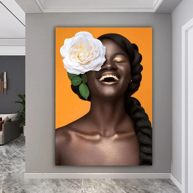 African Flower Woman Potrait Wall Canvas Painting Art Posters and Prints Black Woman Holding Gold Jewelry Picture Home Decor