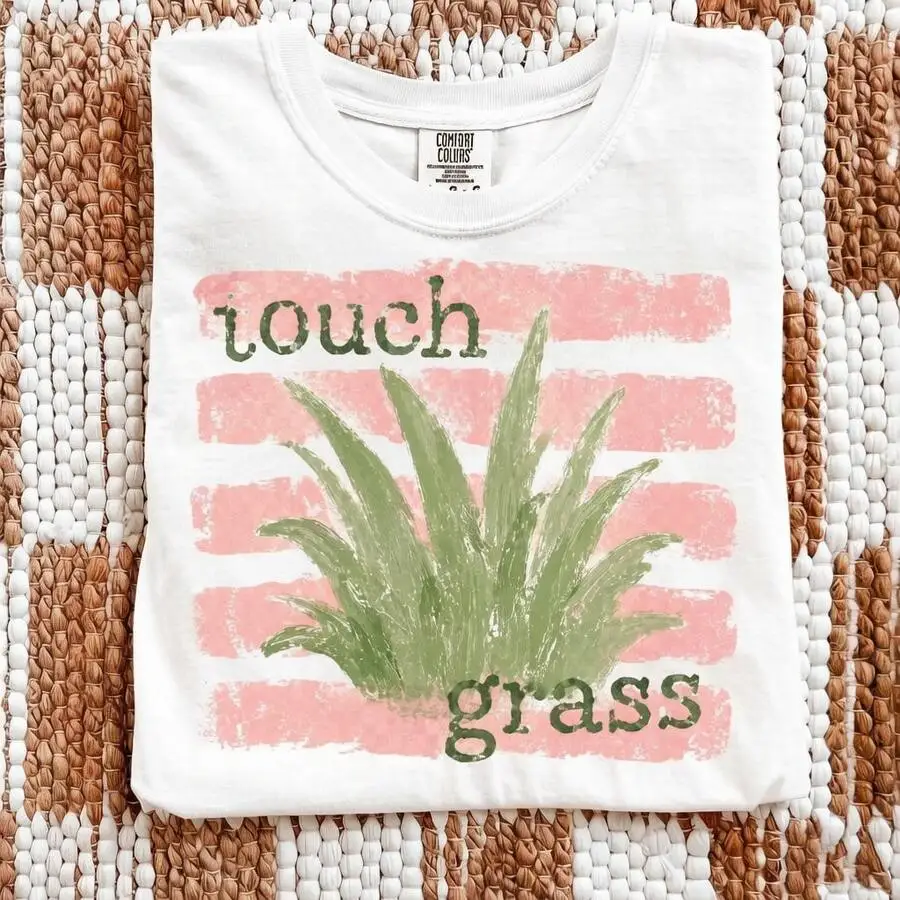 Women Trendy Striped Grass Touch Viral Meme Mental Health Life Sim Crewneck Short Sleeve T Shirt Summer Casual 1 Piece Everyday Wear Top