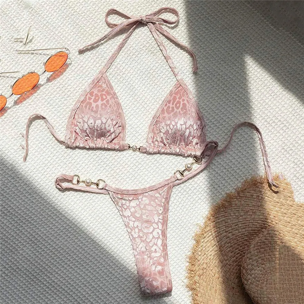 녹색 벨벳 레오파드 수영복 홀터넥 문자열 삼각형 비키니 미니 마이크로 끈 섹시한 수영복 여성 2025 수영복 비키니 세트