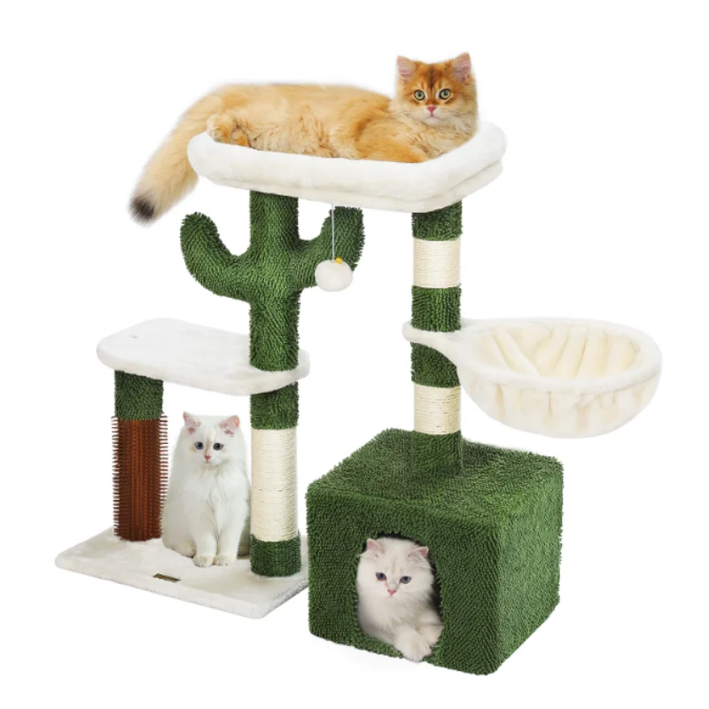 

HOOPET Cat Tree 32 Inch Cute Cactus Cat Tower for Indoor with Scratching Post Hammock Massage Brush Plus Perch and Dangling Ball