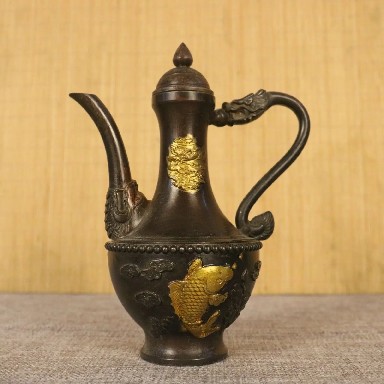 Collect Chinese copper gilt handmade carp fish lotus pattern exquisite teapot