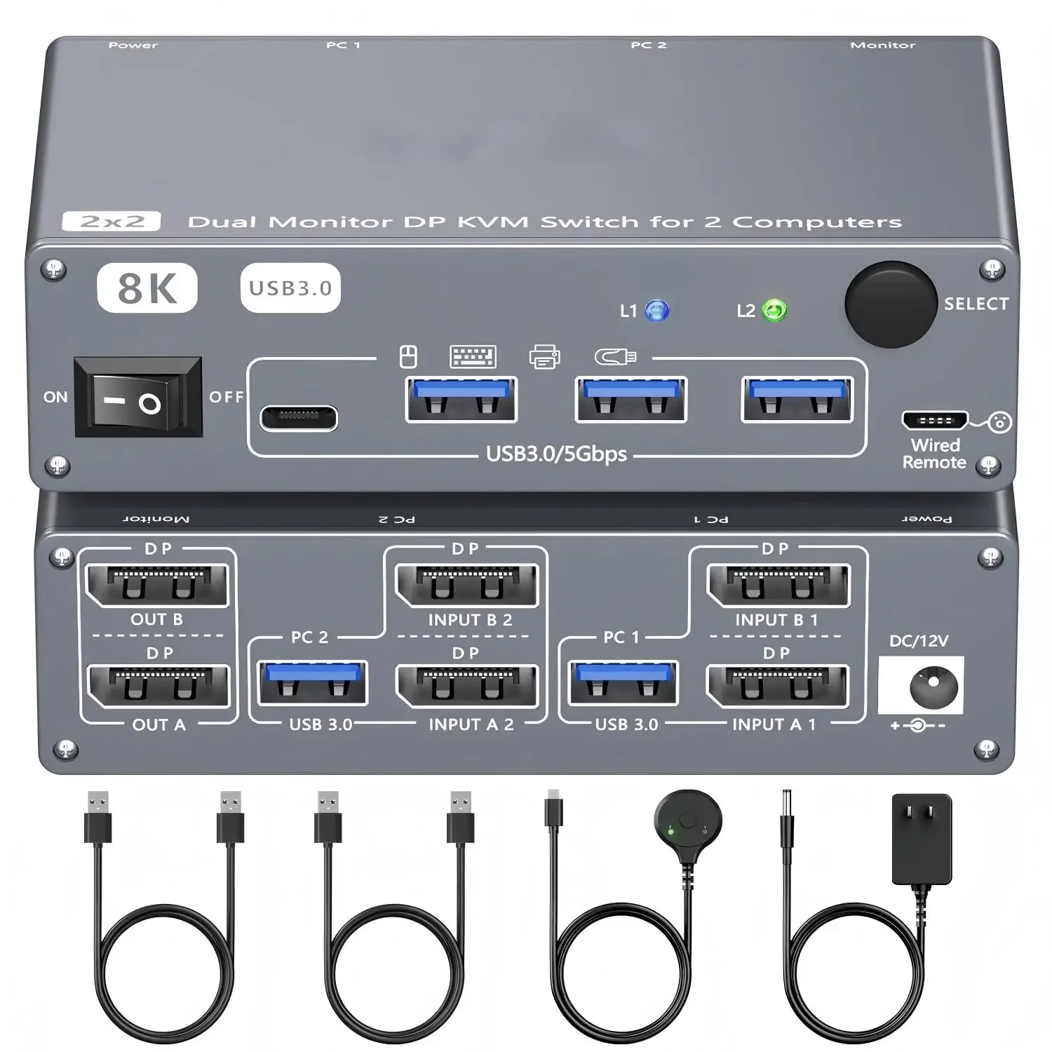USB3.0 DP KVM Switch 2 Computers 2 Monitors, 8K@60Hz/4K@240Hz Dual Monitor KVM Switch 2 Port for 2 PCs Share 2 Monitors