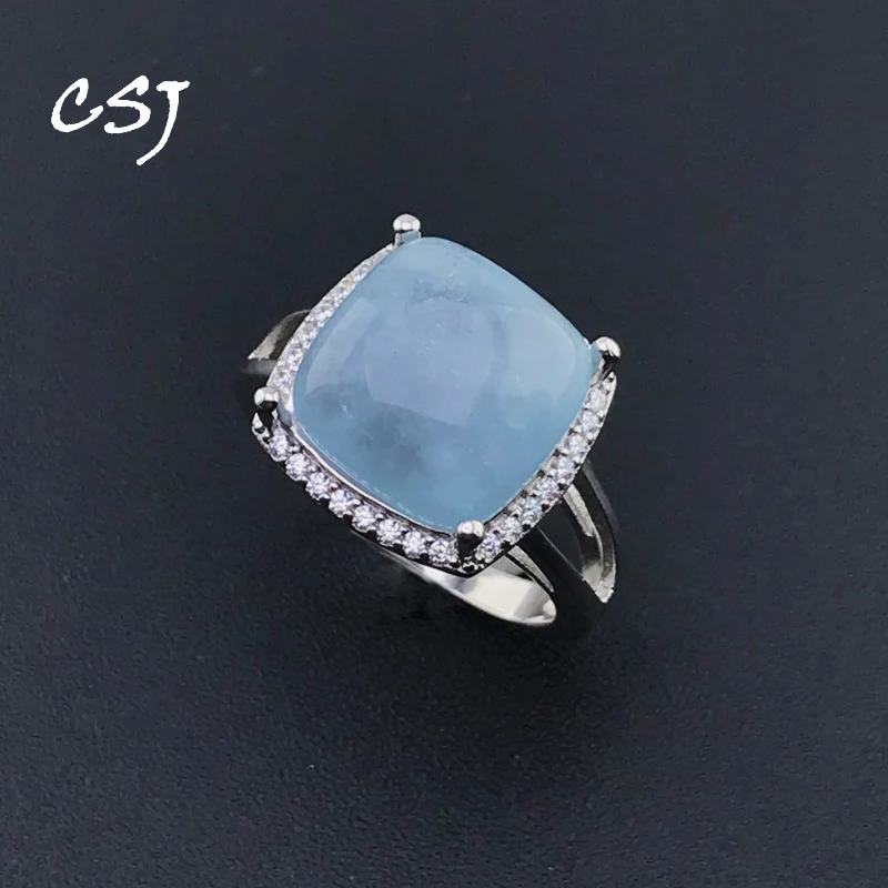 

CSJ Natural Aquamarine Rings 925 Sterling Silver Beryl Gemstone Charoite 12mm for Women Birthday Party Wedding Jewelry Gift