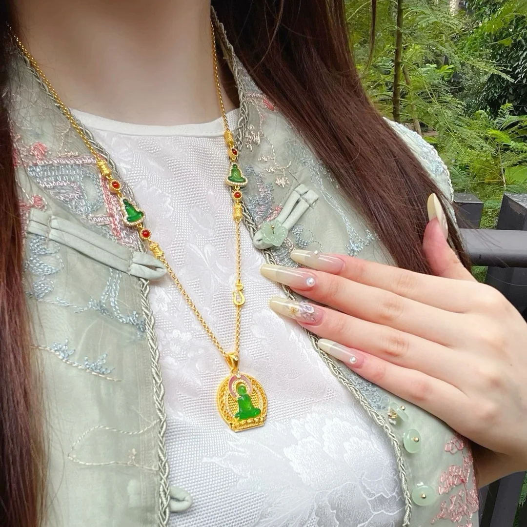 

Золотое ожерелье 24 карата AU999 для подруги, нежный филигранный кулон Будды Wu Xiang с бриллиантовыми акцентами