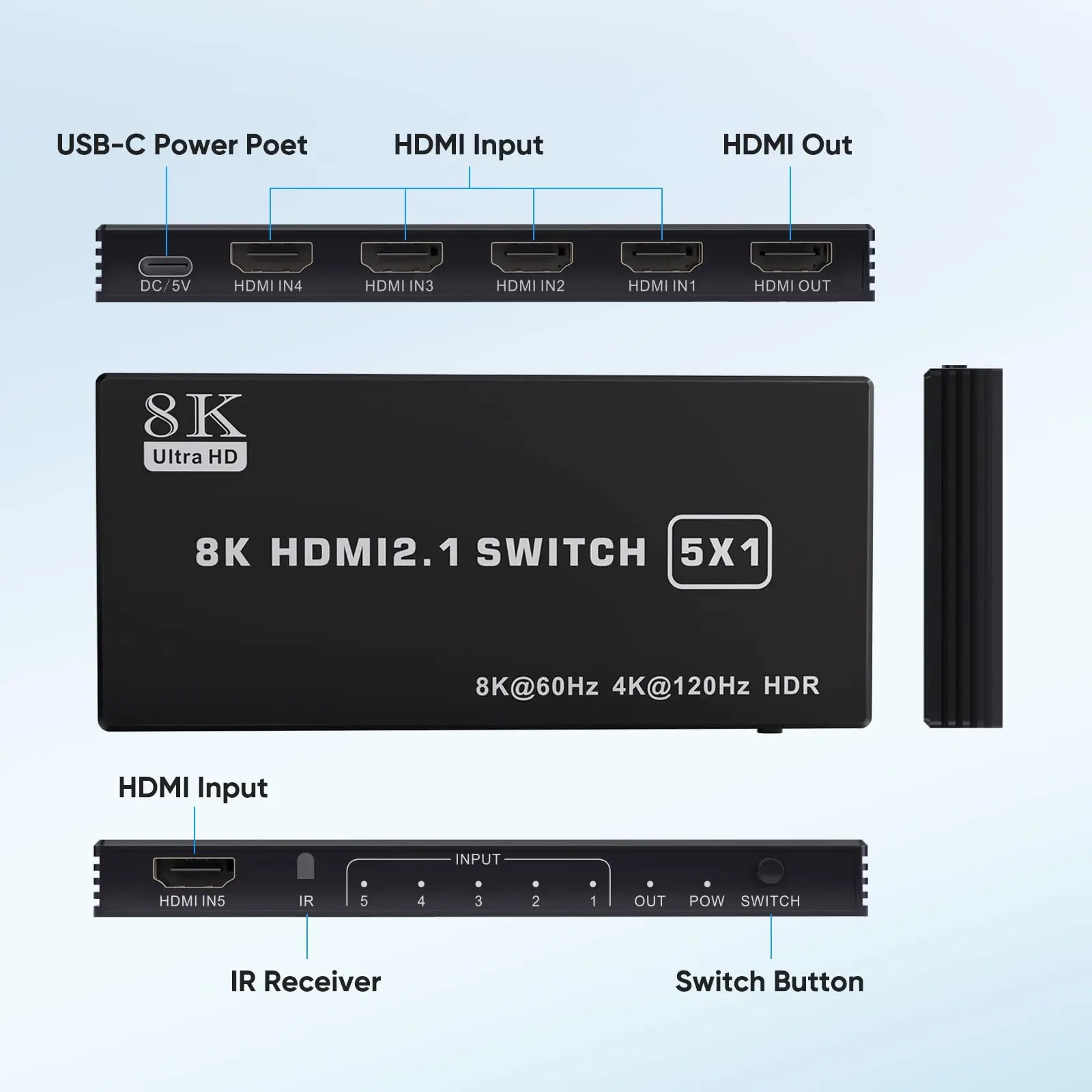 

8K@60Hz HDMI Switch 5 in 1 Out, Support HDR10 HDCP 2.3 CEC HDMI 2.1 Switcher Splitter for PS5/4/3 Xbox Nintendo Switch Roku TV