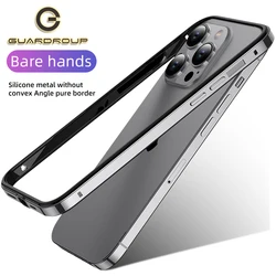 For iPhone 14 Plus 13 12 15 Pro Max No Convex Angle Light Bumper Case Luxury Hybird Aluminum Meatl Frame + Soft Silicone Side