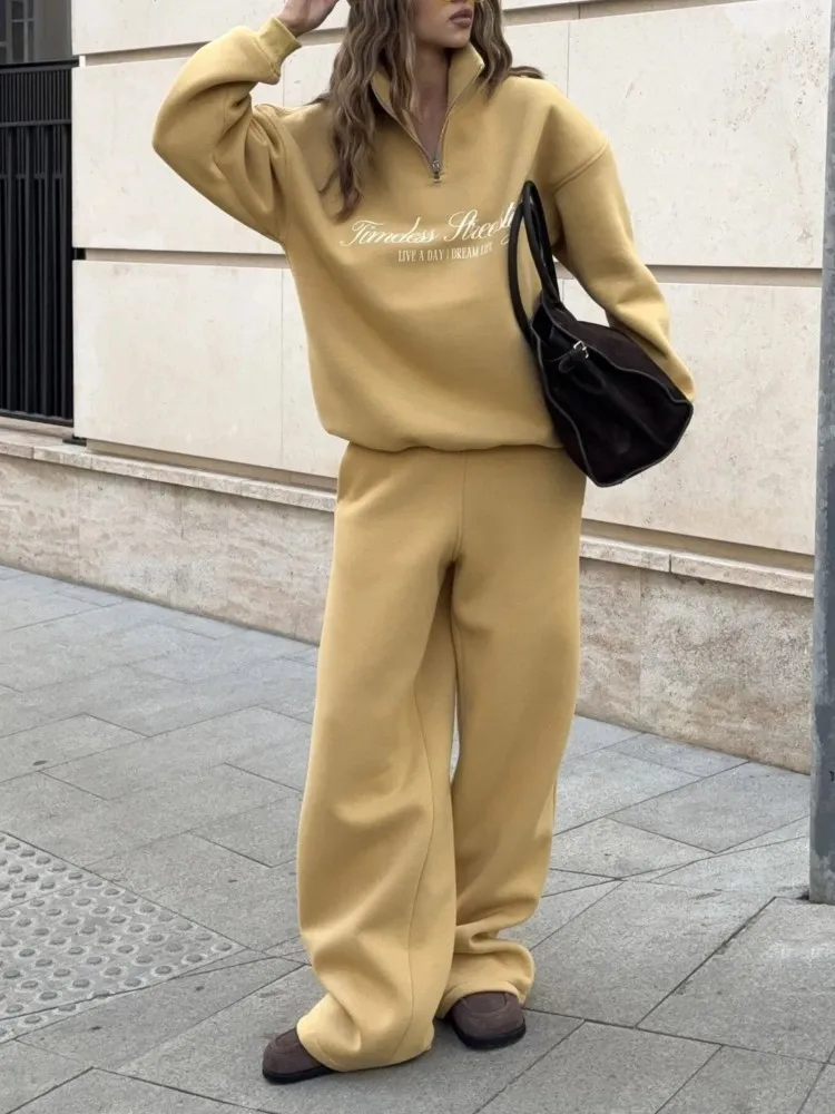 

Autumn And Winter New Casual Suit Women's Fashion Letter Print Lapel Long-sleeved Sweatshirt Wide-leg Trousers Two-piece Sets