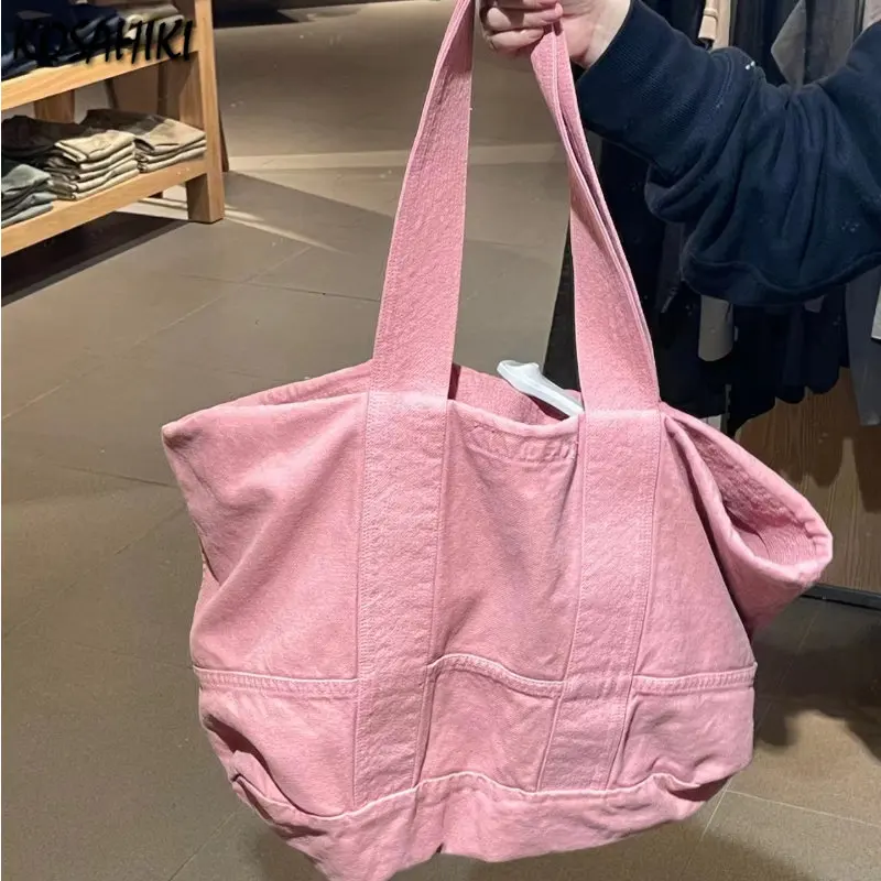 Girls Pink Sweet Kawaii Tote Bags Y2k Aesthetic Japanese Streetwear Handbags Fashion Women Casual Simple Shoulder Underarm Bag