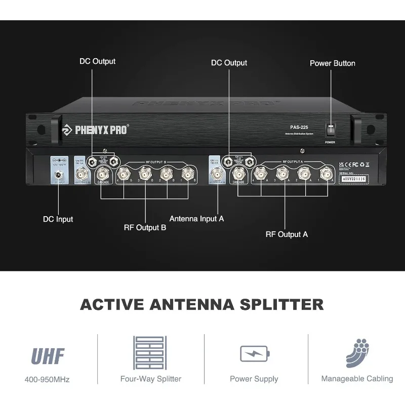 PAS-225X UHF Wireless Antenna Distribution System Bundle, Active Directional Antennas, 8 Outputs + 2 Cascade Ports, 160ft Long