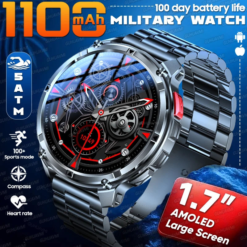 

Новые военные смарт-часы 2026 года с аккумулятором 1100 мАч, для мужчин, спортивные, водонепроницаемые 5ATM, с компасом, LED-фонариком, трекером, Bluetooth-вызовами