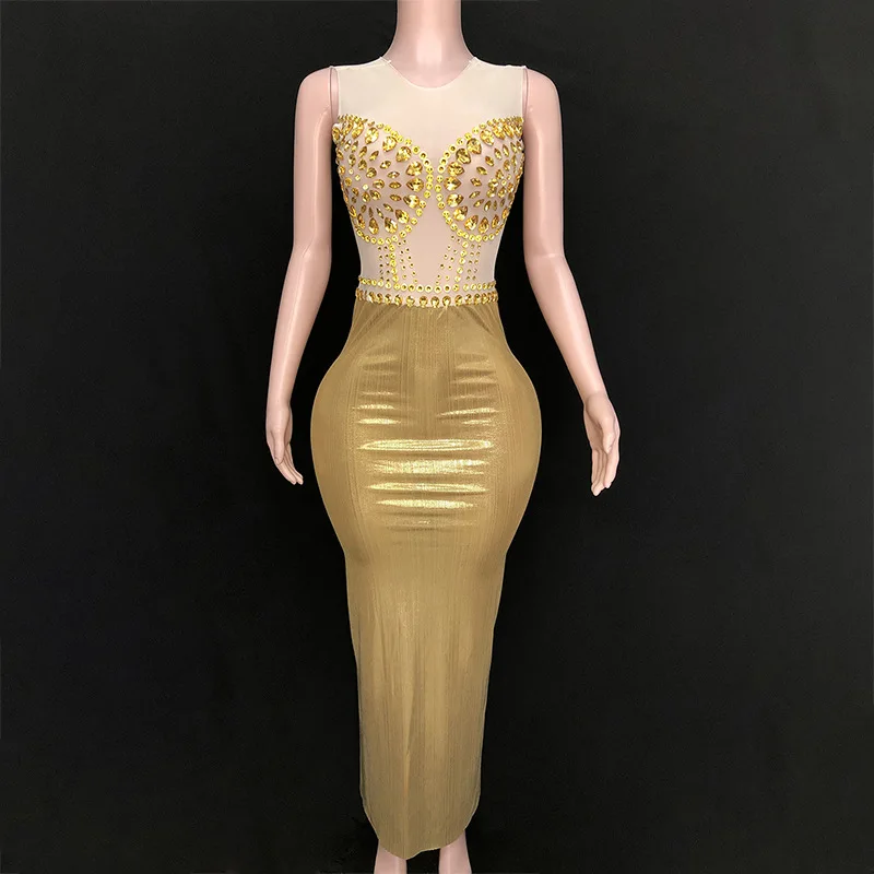 Abito da festa lungo senza maniche girocollo con diamanti lucidi dorati Abito da festa lungo con spacco sul retro Stile sottile sexy Robe De Soiree Elegante Pour Femme