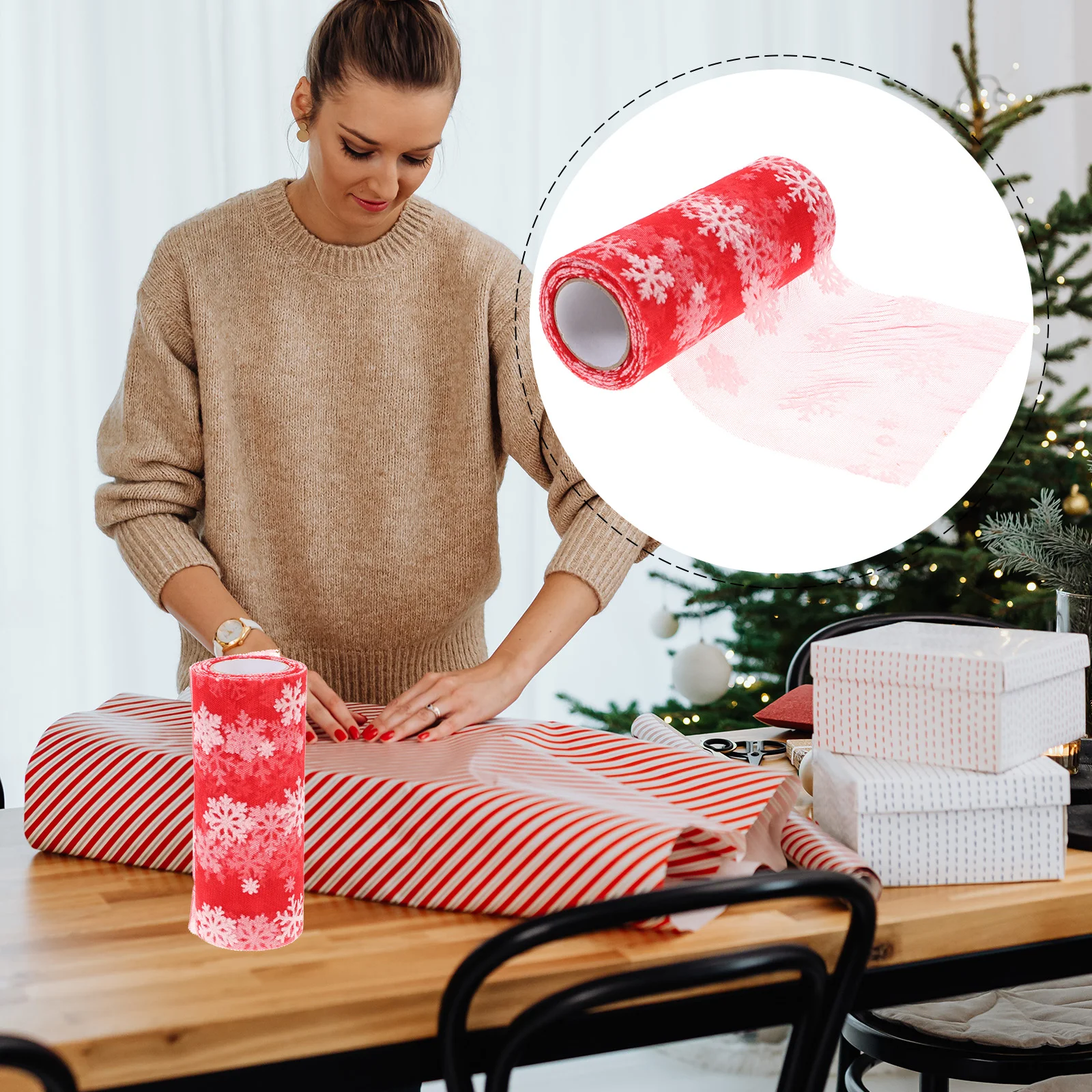 

15cm 10Yards Christmas Snowflake Tulle Roll Glittering Organza Gauze Snowflake Ribbon for Christmas Decoration Gift Wrapping Par