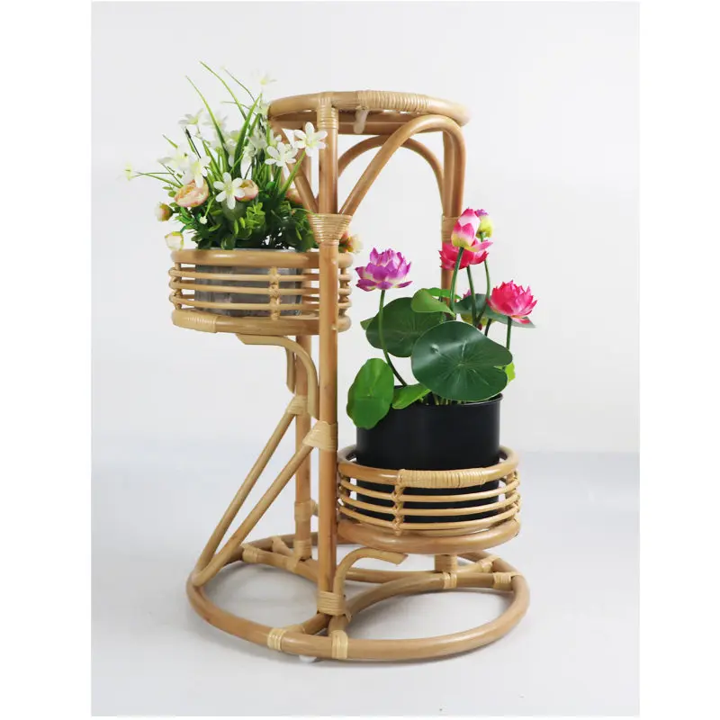 Rattan Plant Stand Modern Flower Shelf for Balcony - Handmade Natural Rattan Art Craft Indoor Outdoor Green Plant Holder