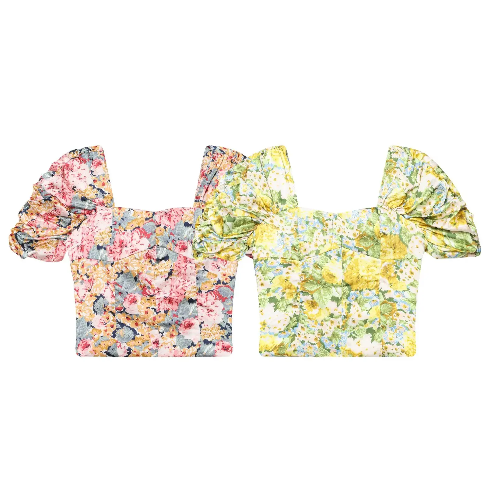 Summer French Style Retro Yellow Floral Print Ruched Short Puff Sleeve Shirt Women V neck Side Zipper Slim Waist Crop Tops Pink