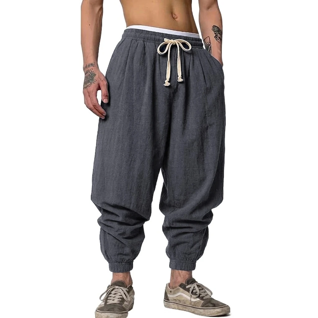 Koreanische Leinenhose für Herren, Herbst-Fitness-Yoga-Freizeithose, Baggy Pants für Frühling und Herbst, Haremshose, Lose Arbeitshose mit Kordelzug für Männer