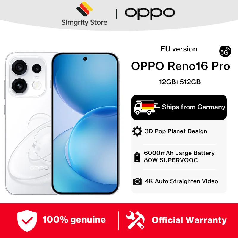 EU-Version Smartphone OPPO Reno16 Pro 5G 12 GB + 512 GB AI Remix Collage 4K Automatische Videokorrektur 6000 mAh 80 W 6,32-Zoll-Display 50-Megapixel-Kamera Offizielle Garantie OnePlus