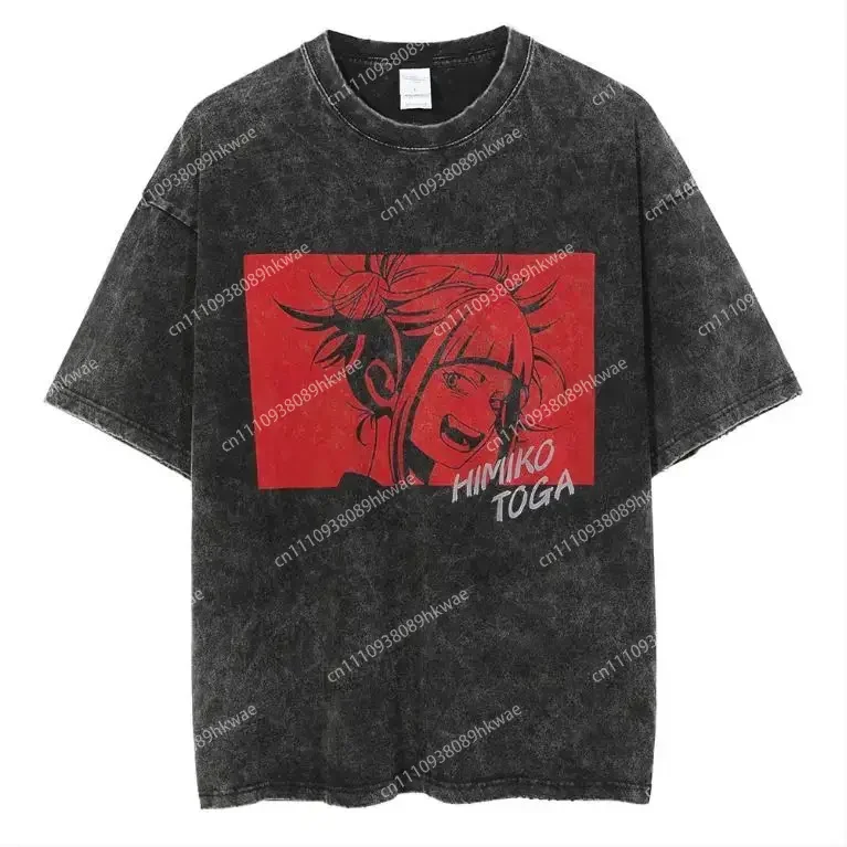 My Hero Academia Summer Vintage Washed Cotton T Shirt Oversized Streetwear Himiko Toga Red Manga Panel Graphic Tee