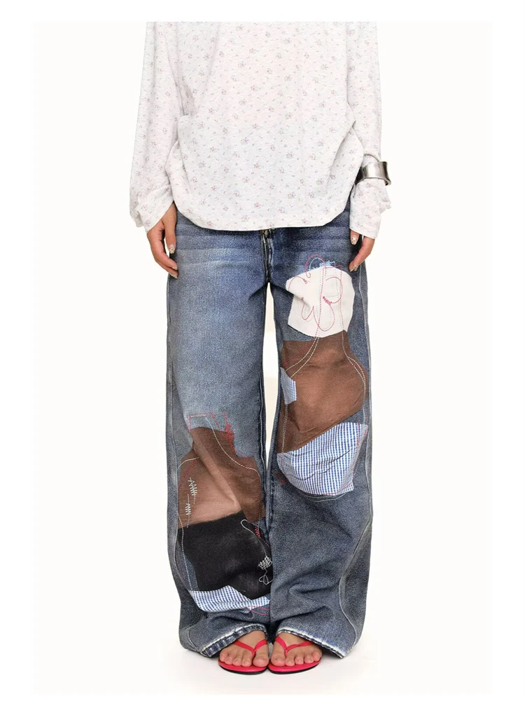 Women's Color-blocking Design Jeans Street Blue Casual Pants Cool Girl Retro Bottoms Wide Leg Sweatpants Female High Waist Pants