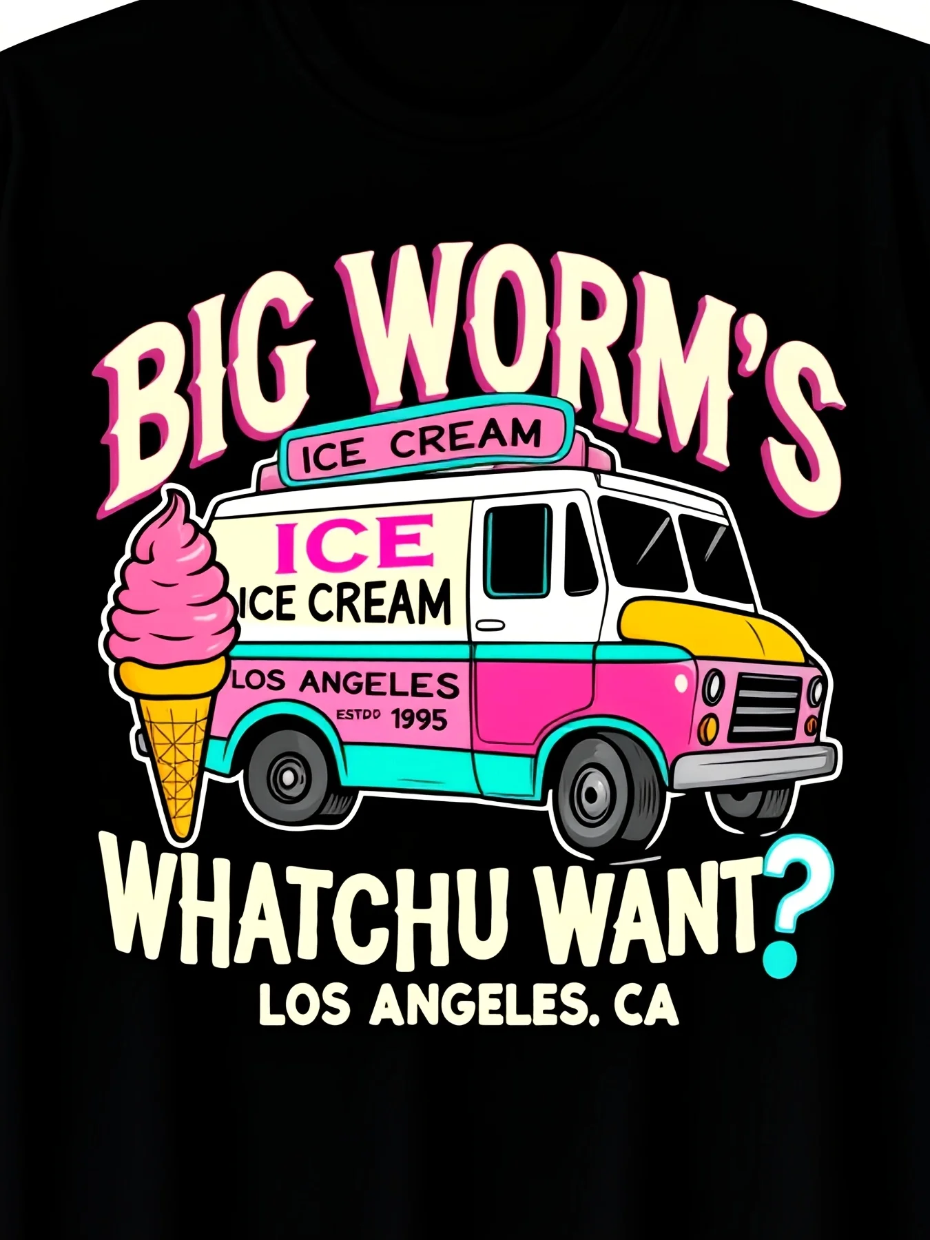 Men'S Humorous Vintage 90s Ice Cream Graphic T-Shirt Featuring a Big Worm Design Showcasing Worms' Ice Cream and a 'What'Chu Want' Print from Los Angeles Made from Heavyweight Fabric with Lightweight and Comfortable Fabric Suitable for All Seasons I