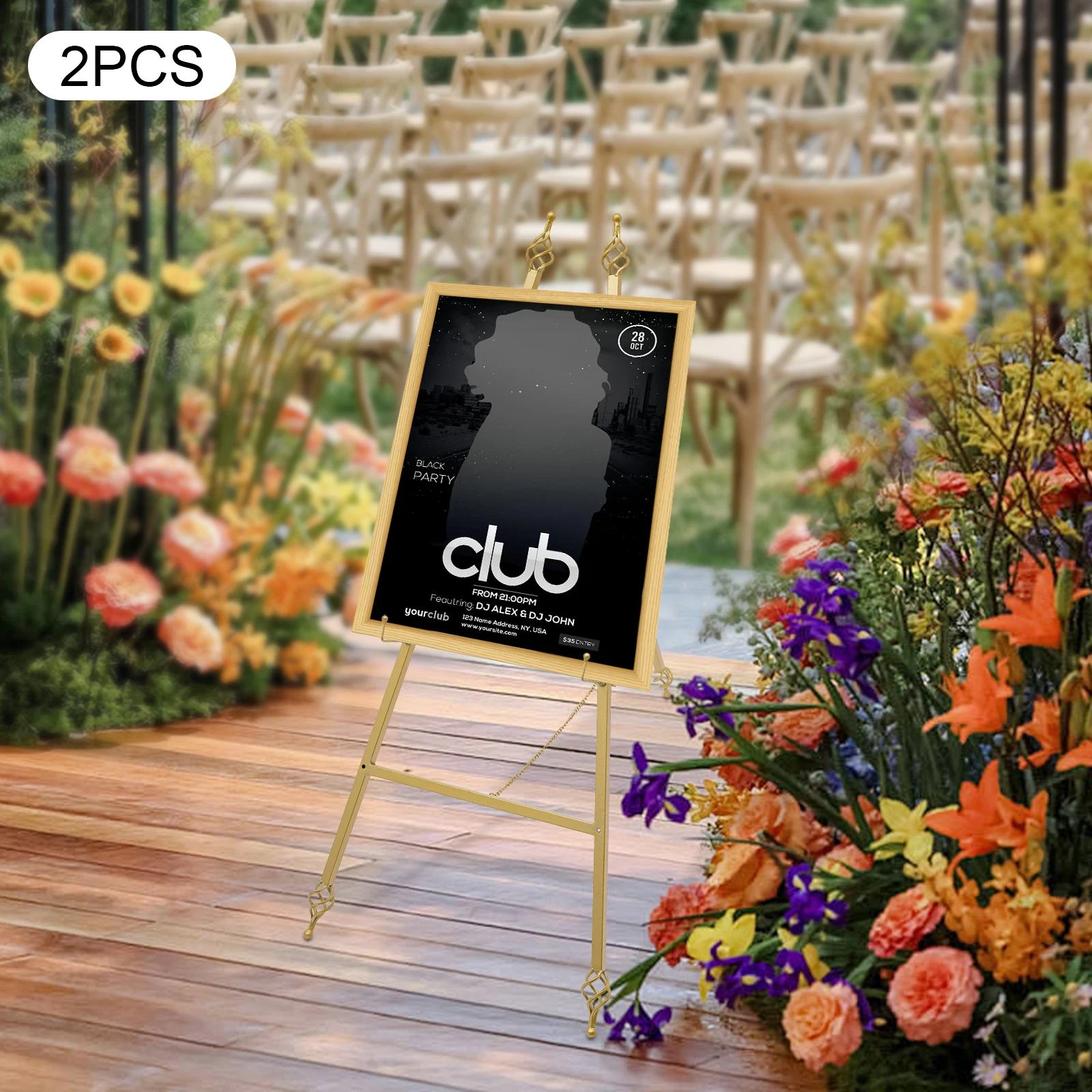 Metal Portable Floor Easel Stand, Wedding Decorative Display Rack, Poster Easel with Hooks, Welcome Signs Shelf