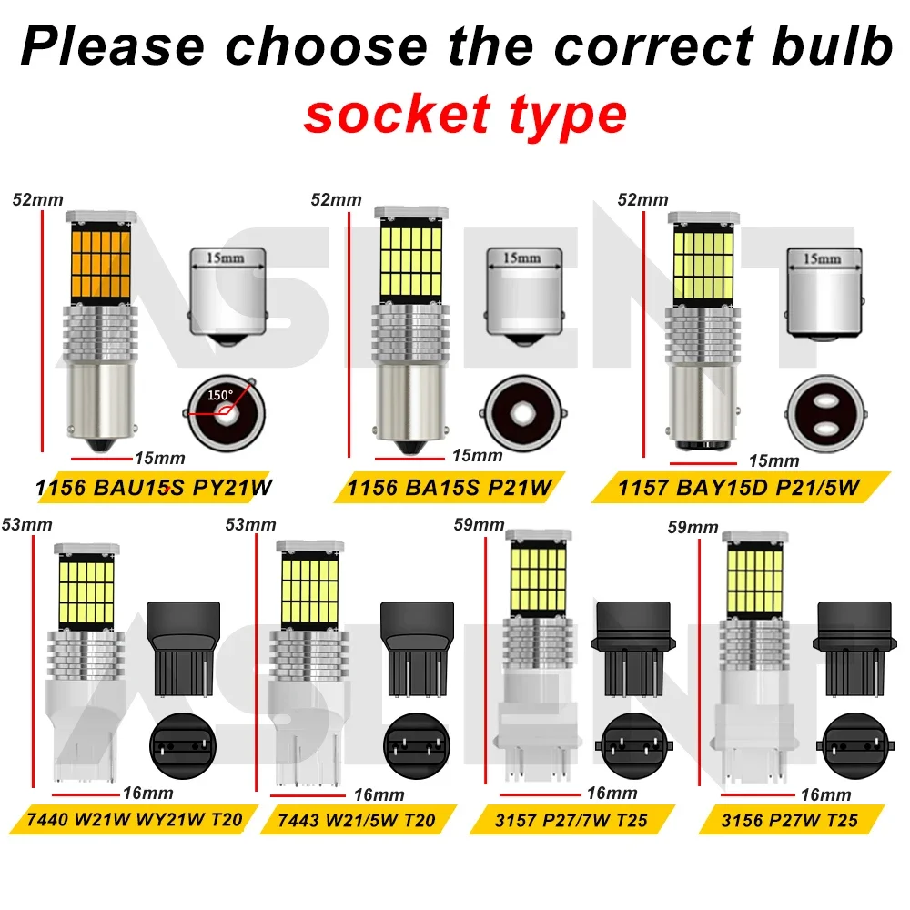 2pcs P21W LED 1156 Ba15s PY21W BAU15S 1157 P21/5W BAY15D 7440 7443 3157 Turn Signal Stop Parking DRL Daytime Running Lights 12V