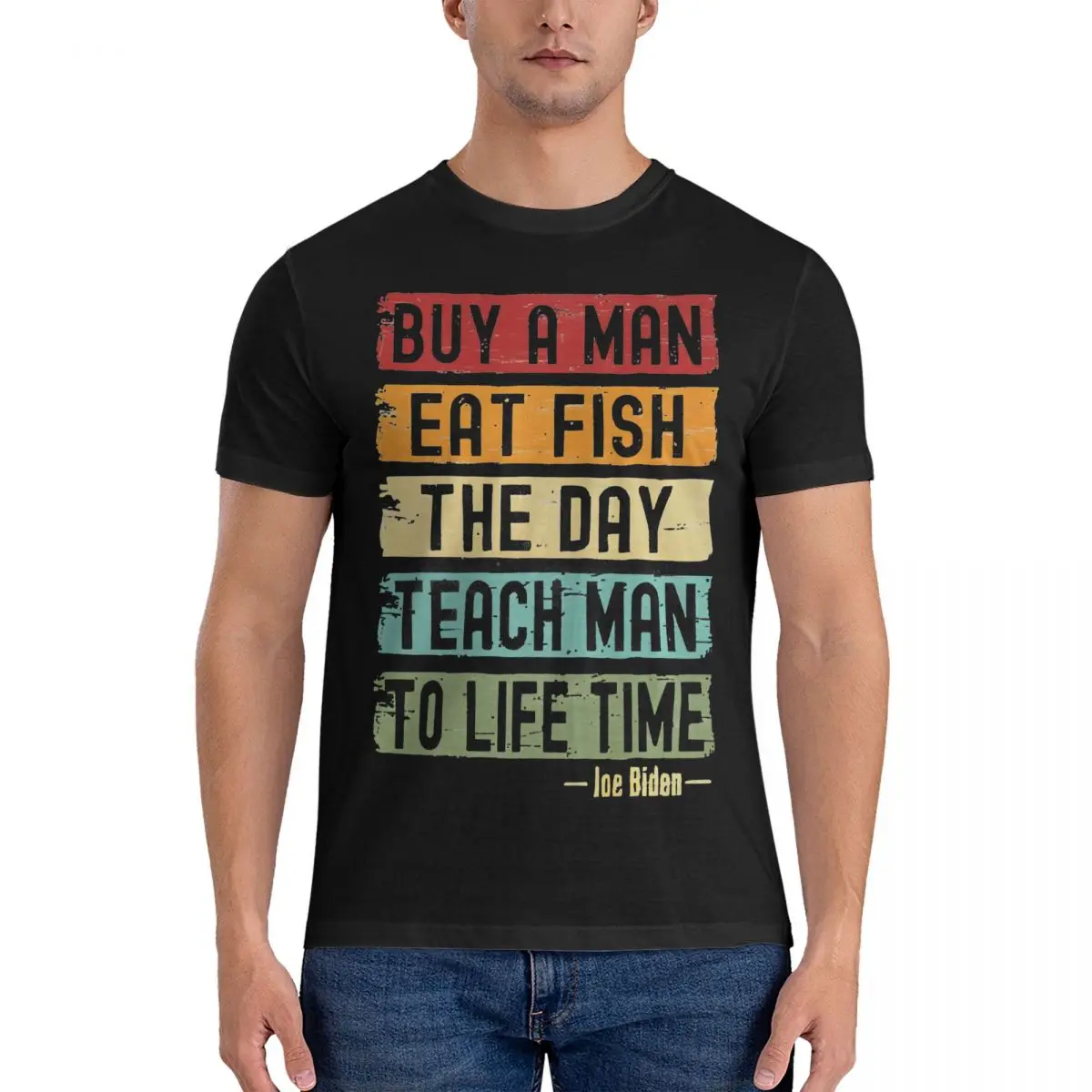 Buy A Man Eat Fish Joe Biden Quote T Shirt Men's Pure Cotton Vintage T-Shirts O Neck Fish Tee Shirt Short Sleeve Clothes