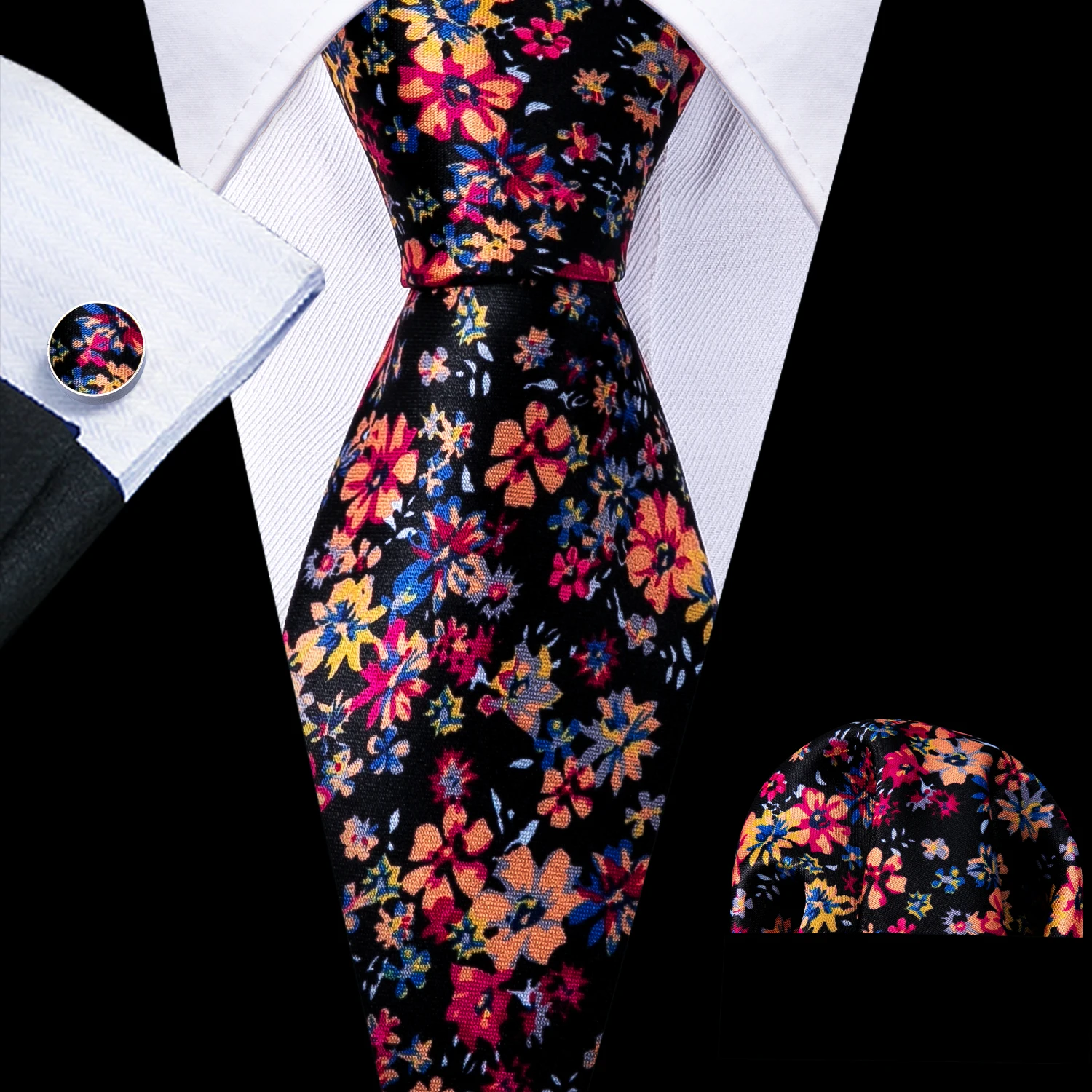 Designer Mens Tie Jacquard Necktie Pocket Square Cufflinks Set Black Orange Multie Floral for Male Men Wedding Busniess Party
