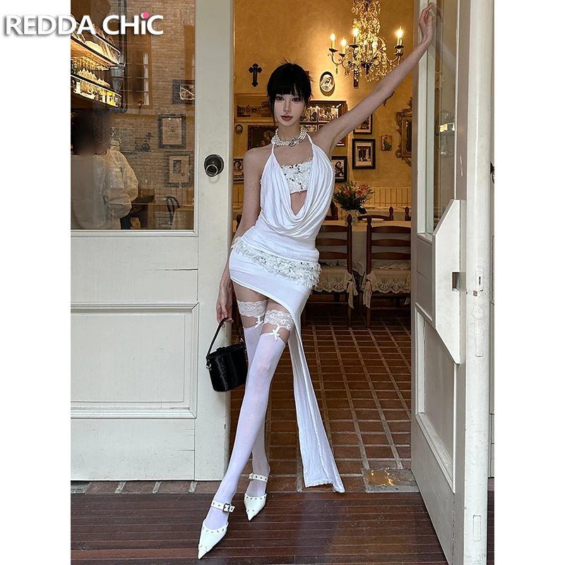 

ReddaChic Desire Белый корсет с лямкой на шее, верхняя юбка, женский комплект, расшитый блестками плюшевый бандажный жилет без рукавов, асимметричная облегающая юбка